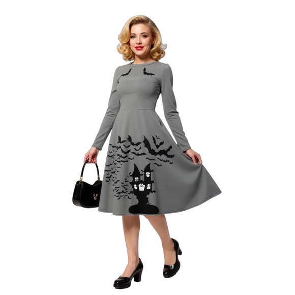 Gothic Bats Pockets Pinup Long Sleeve Dress - Picture 1 of 12